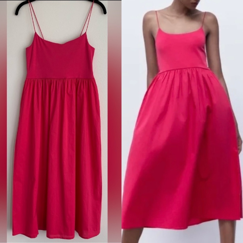 NWT, Zara, Jersey Bodice w/ Poplin Bottom Cotton Hot Pink Midi Dress, Sz Medium